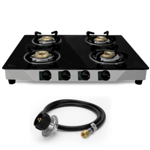 Febtech gas stove with 4 burner -Propane cooktop tempered glass rv Stove - portable stove propane gas burners For Cooking -With propane Hose &propane Regulator to gas stove connector With propane tank
