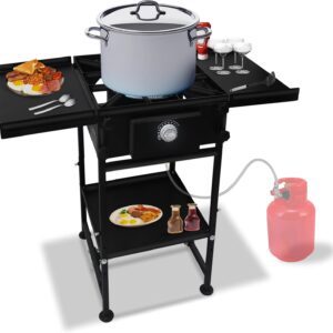 Single Propane Burner stove - 1,30,000 High btu Propane Burner Camping Stove with Dual Side Shelf & Bottom Shelf - Steel Single Burner Propane Stove with CSA-approved 0-20 PSI regulator & hose pipe.