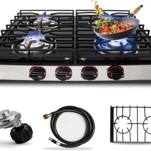 4 Burner Gas Stove Top - 25" Black Tempered Glass Counter Top Stove Gas Cooktop, Stainless 4 Gas Stove Burners rv stove for Cooking Range Gas, with Hose & Regulator to Connect propane cooktop