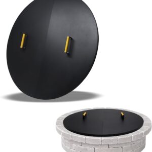 FEBTECH Fire Pit Protector Lid 42? ? Heat Resistant Coated 16 Gauge Carbon Steel Premium Fire Pit Lid with Ergonomic Dual Wooden Handles ? Recommended for Firepits Inside Up to 40"