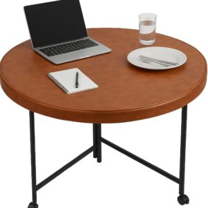 FEBTECH Round Folding Table 48 inch w/Lockable Wheels Heavy Duty Indoor & Outdoor Round Table,Foldable Round Table w/Leather Top for Parties,Camping Round Folding Tables & Dinning Room Tables