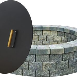 Round Fire Pit Lid - 28 inch fire pit cover Metal with Wooden Handles - Fits for Bonfire Pits or Propane Fire Pit Fire Tables, Weather Resistance Outdoor Firepit & Smokeless Fire Pit Cover as Tabletop