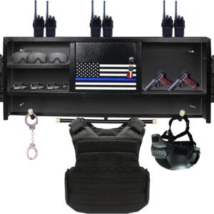 FEBTECH Police Gear Rack - Heavy Duty Tactical Gear Wall Mount Warrior Rack Law Enforcement, All Iron Black Tactical Traps Gun Shelf With 4 Hooks, Police Vest Hanger & Flag Police Locker (100 Lbs Cap)