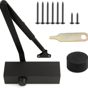 Commercial Door Closer Heavy Duty - Door Automatic Closer Adjustable Spring Size 2-4 - Automatic Door Closers for Home and Commercial Entrances - Non Handed - Fit Doors up to 220 LBS, Aluminum, Black