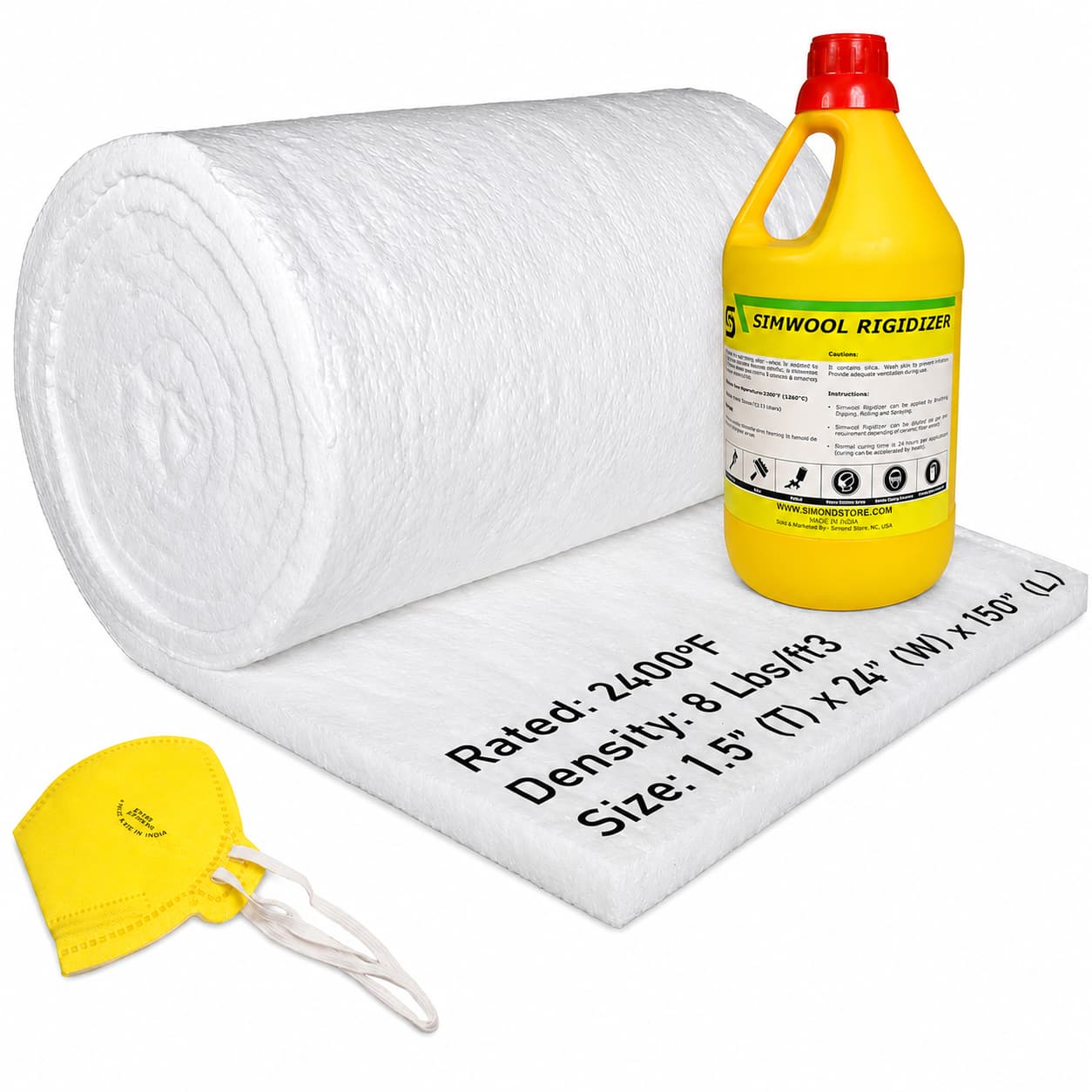 Ceramic Fiber Blanket and Rigidizer for Ceramic Fiber Coating | 8# 2400F, 1.5" x 24" x 150" & 2300F 1 Gallon, for Fireproof Insulation of Wood Stove Forge Furnace Fireplace Kiln Pizza oven